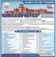 Admission notice for Islamia College Peshawar
